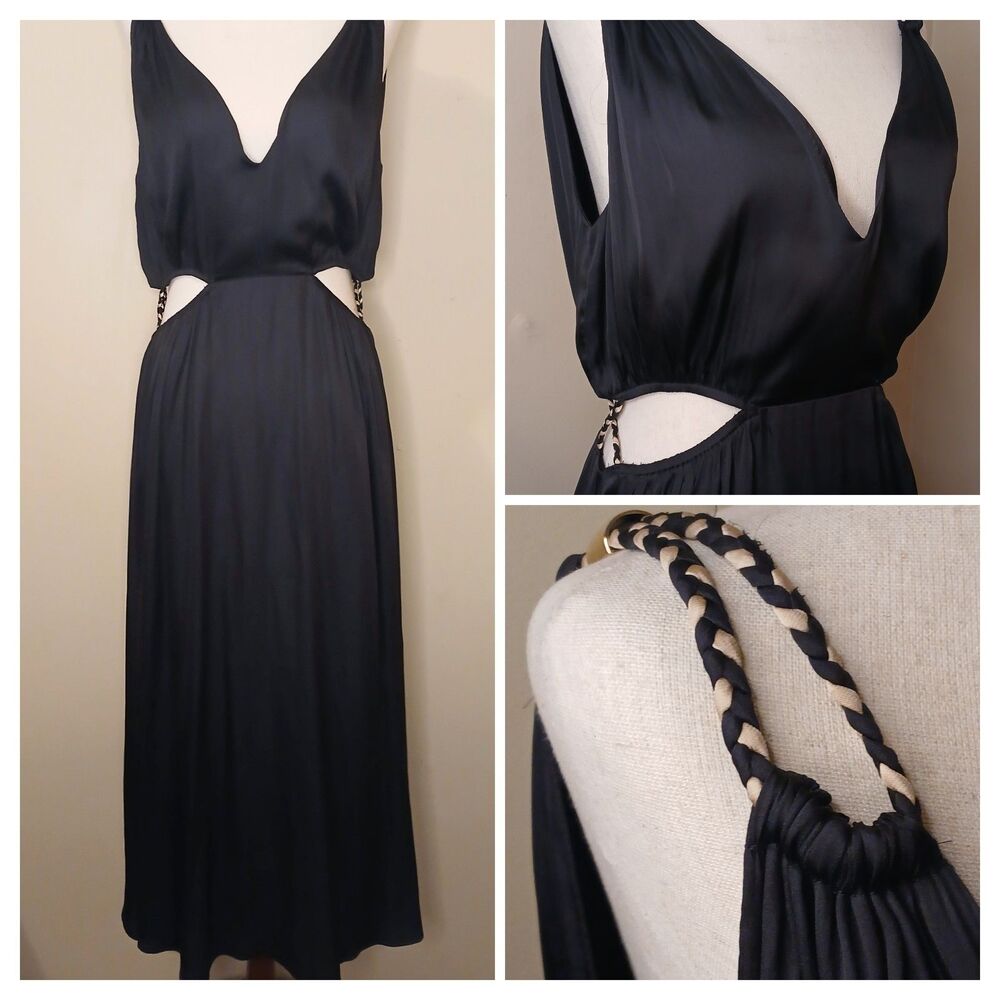 Reset by Jane Dress Sz M Marci Black Satin Cutout Midi V Neck & Back NWT $165